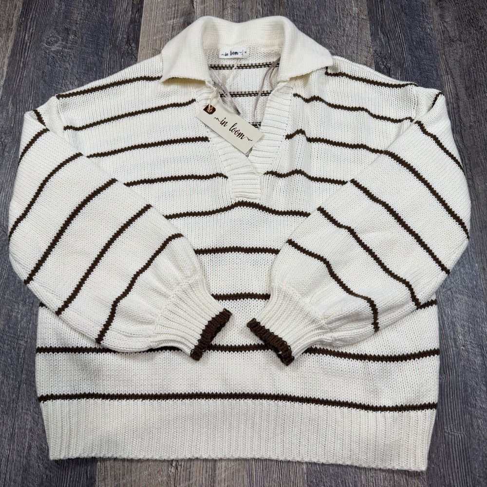 In‎ Loom Striped Knit Polo Sweater Womens Medium Cream Brown Cotton Blend NWT